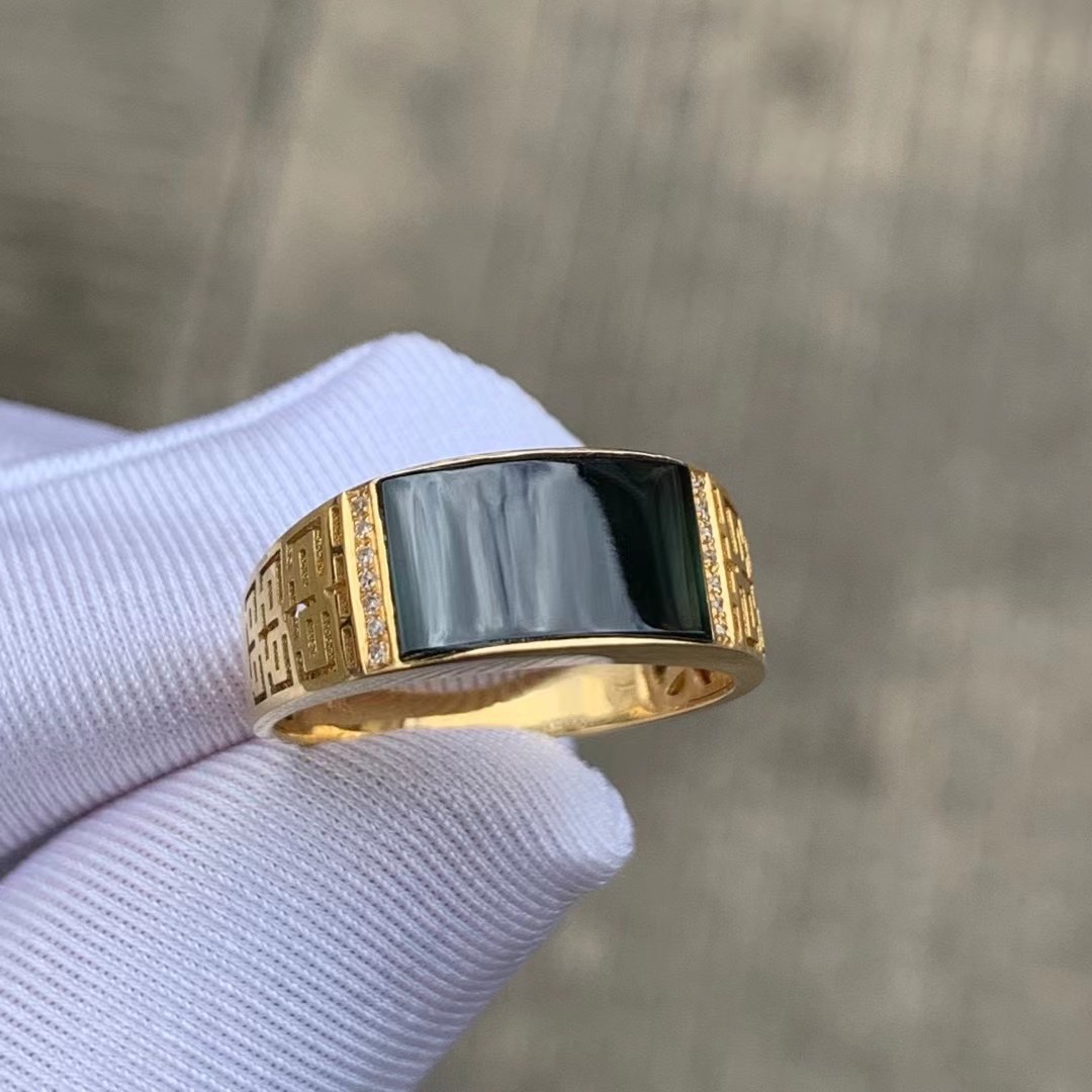 凝墨为翠家18k黄金镶嵌墨翠瓦片指环款男士戒指款式年轻时尚，
