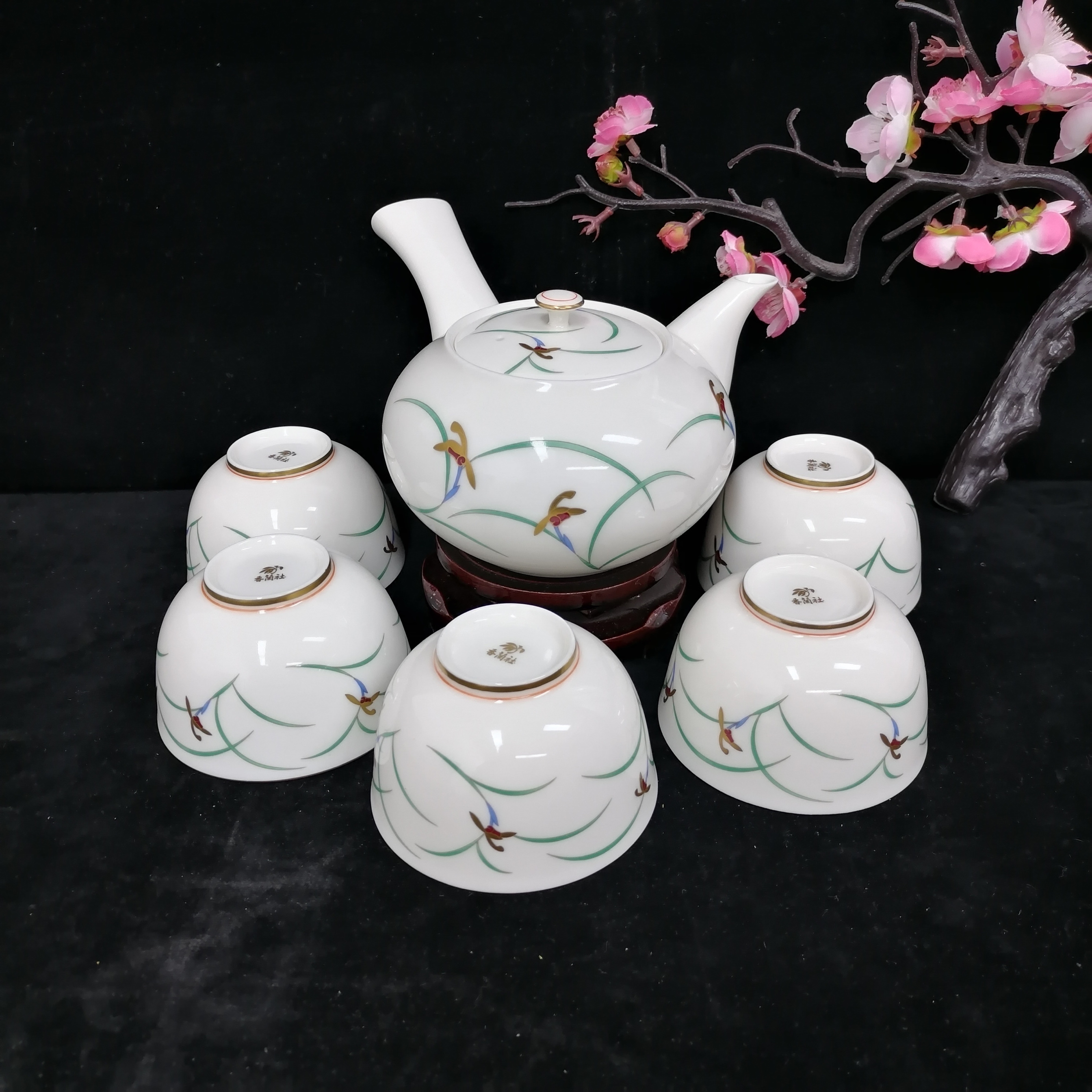 日本进口 皇家御用瓷器香兰社 茶具套 一壶五杯 手绘经典兰花