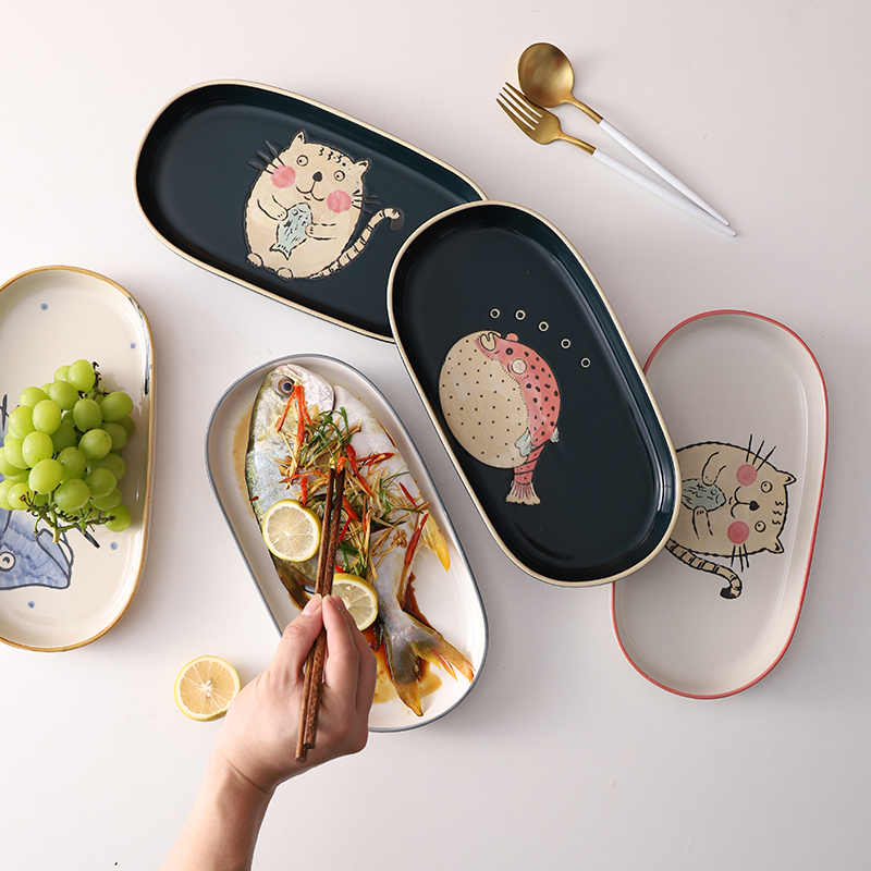 日式创意手绘可爱鱼盘子家用大号长方形餐盘蒸鱼盘子烤鱼盘可微波