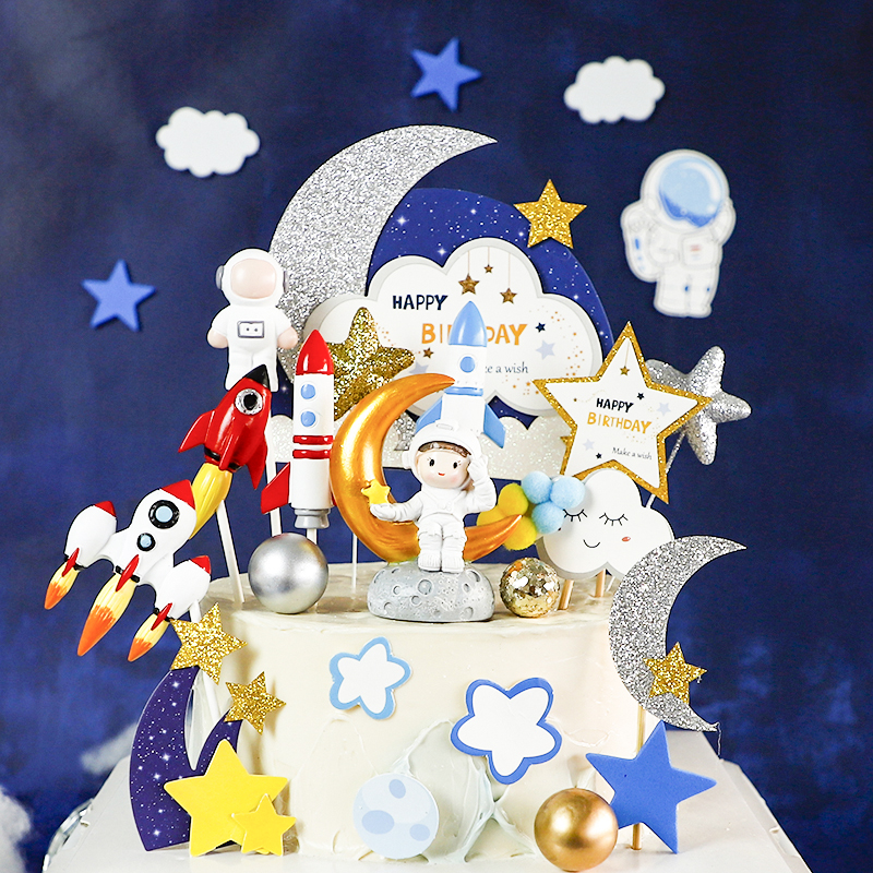 烘焙蛋糕装饰浪漫夜空星星月亮插牌宇宙太空宇航员火箭软陶插件