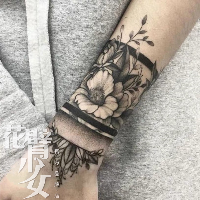 花臂少女TATTOO D144 暗黑手腕臂环花朵叶子线条浮世绘黑白纹身贴