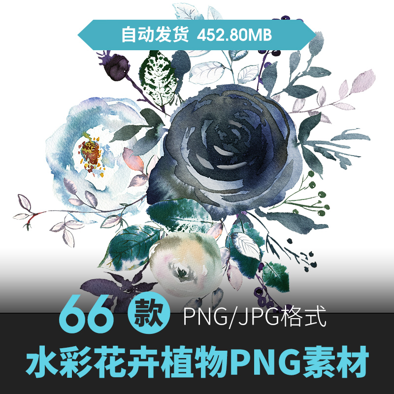 水彩玫瑰康乃馨蓝黑色花卉鲜花环植物叶元素PNG免扣图案PS素材