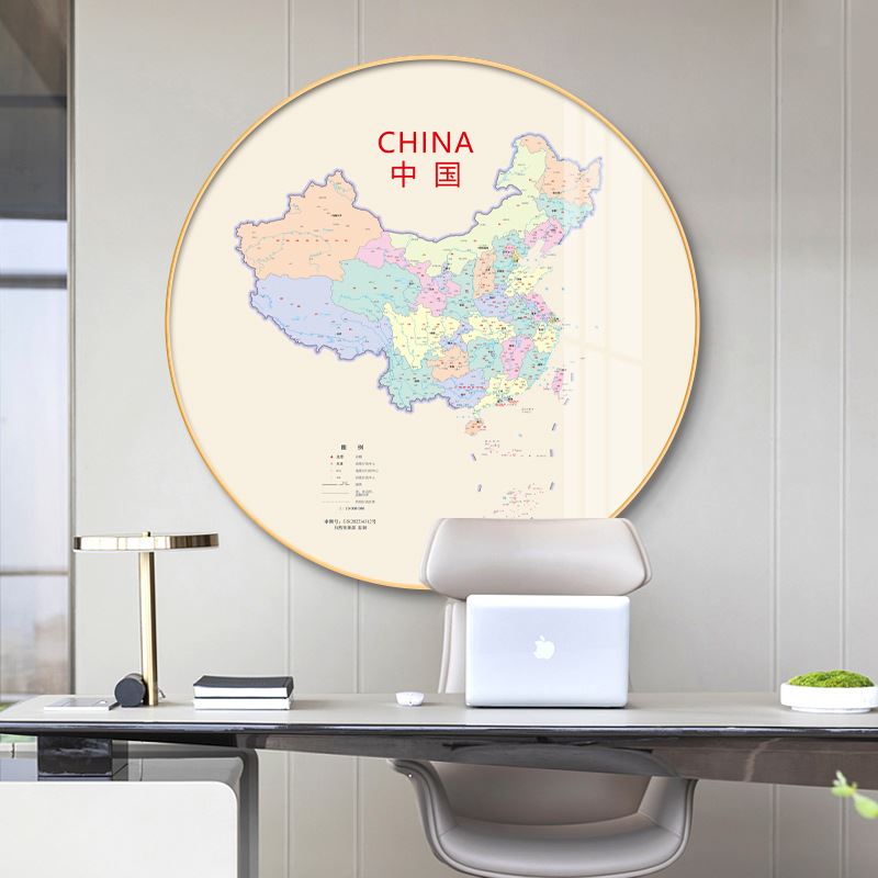 中国挂图地图办公室书房玄关装饰画会客厅餐厅背景墙壁画圆形挂画