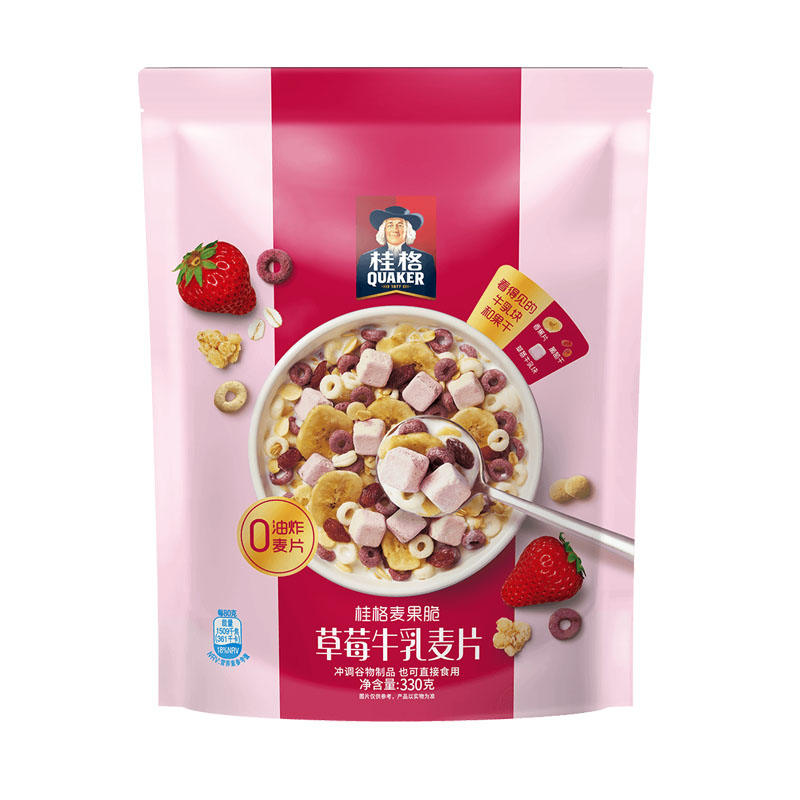 桂格麦果脆草莓牛乳口味330g*1袋装水果麦片速食营养早餐冷冲零食