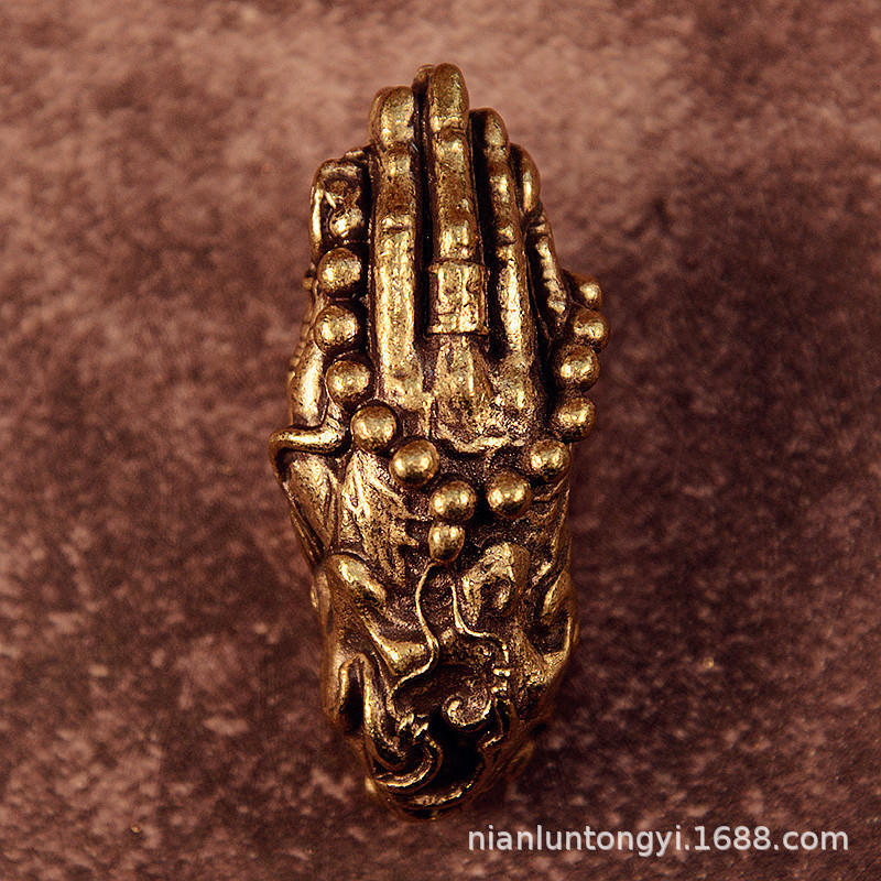 黄铜实心双手合十祈祷佛手摆件纯铜保平安佛像手把件古玩小铜器
