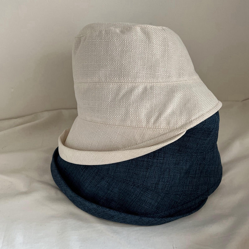 日本洋气渔夫帽卷边盆帽女士夏季透气复古米色亚麻遮阳帽优雅休闲