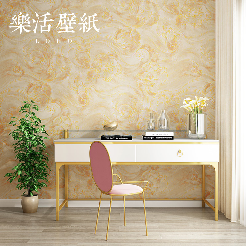 新中式无纺布海浪波浪祥云壁纸卧室客厅电视背景烫金紫色金色墙纸