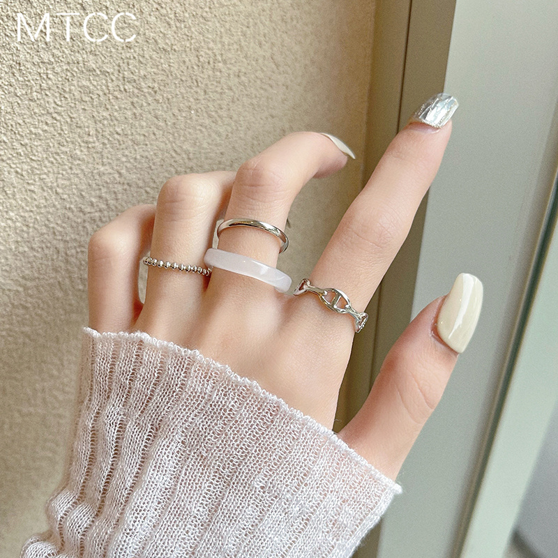 银色素圈组合套装戒指女ins潮简约冷淡风食指戒时尚网红个性指环
