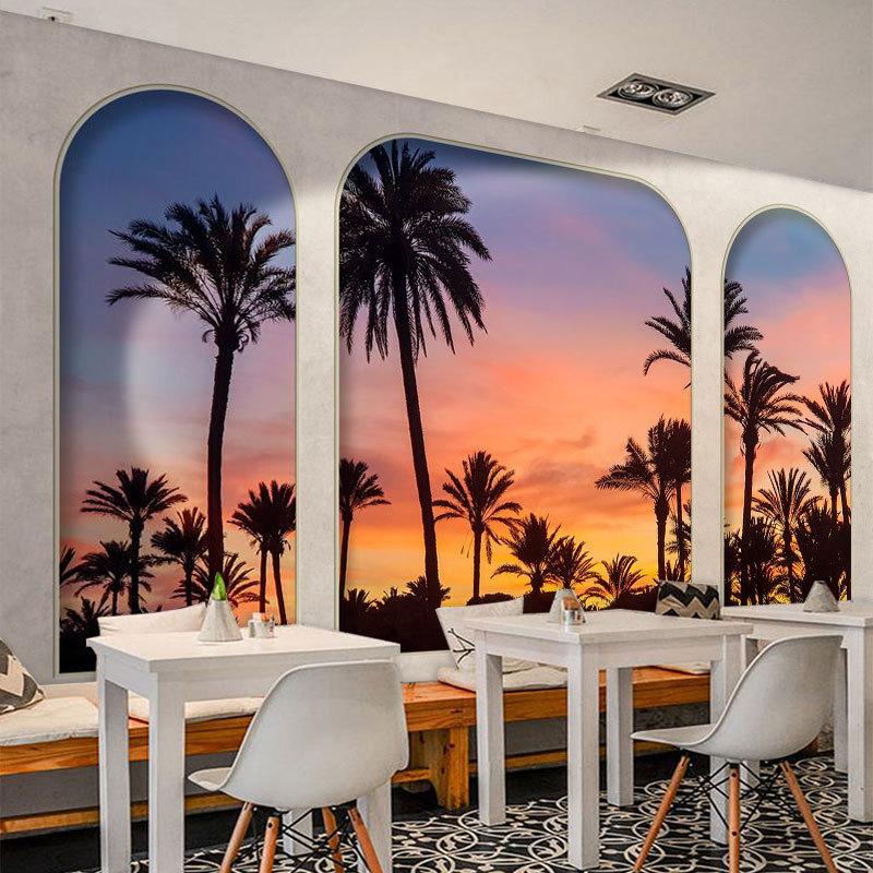 泰国拱门风景壁纸夏威夷风格装饰夕阳椰林海滩椰子树壁画泰式墙纸