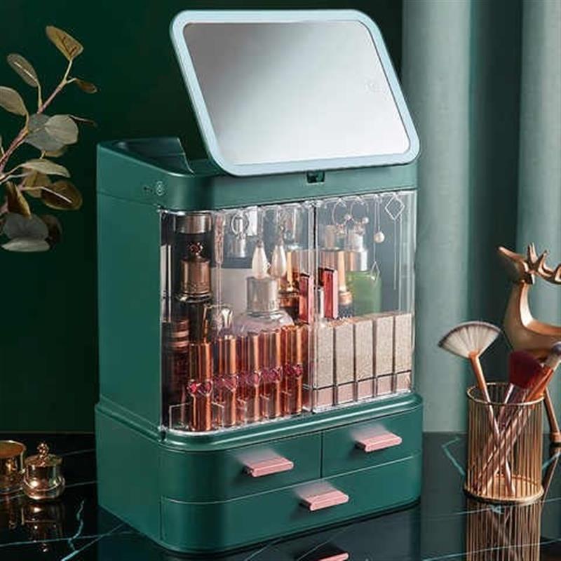 化妆品收纳盒带镜子一体家用大容量梳妆台整理箱桌面护肤品置物架