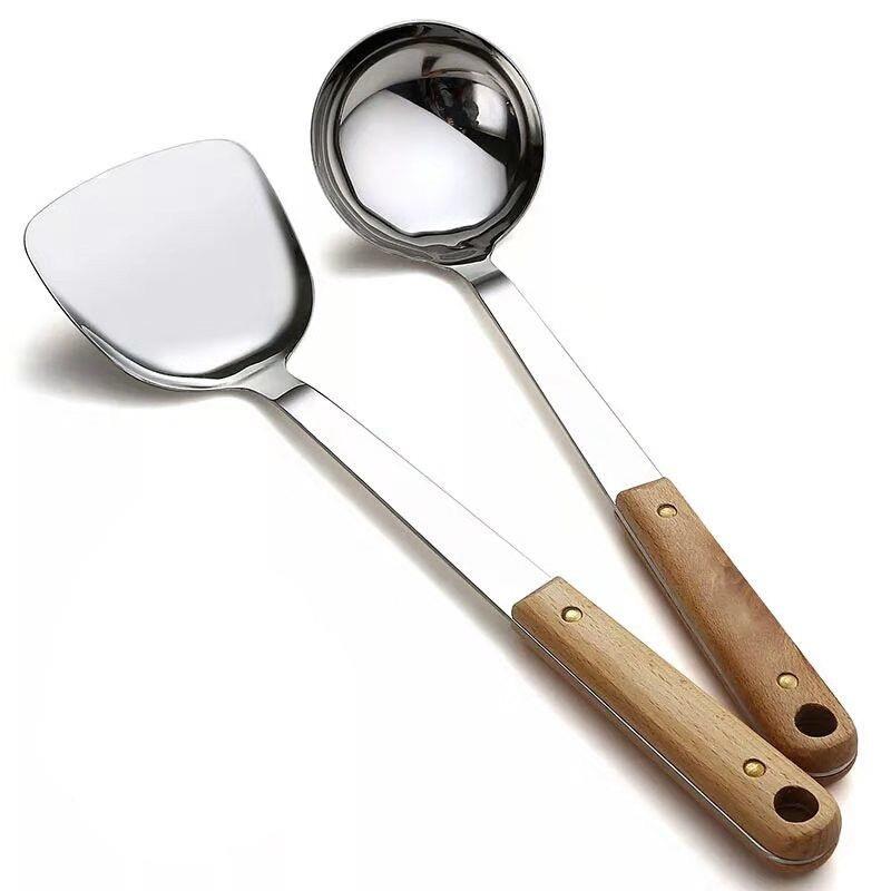 做蛋饺的勺子不锈钢长柄炒菜花梨厨房木柄家用盛炒勺大锅汤勺