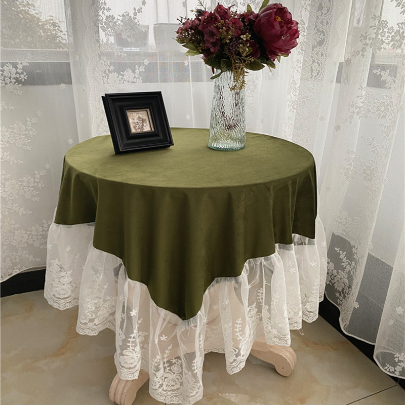 美式法式复古橄榄绿丝绒装饰蕾丝桌布酒红金色盖布茶几孔雀蓝台布