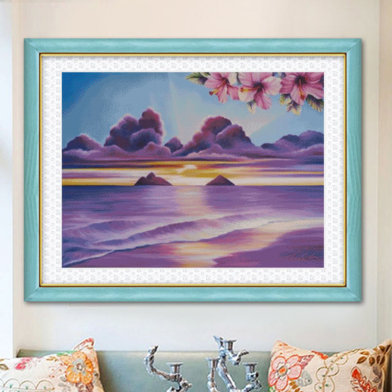 紫色海滩小白十字绣套件 新款 客厅卧室 精准印花
