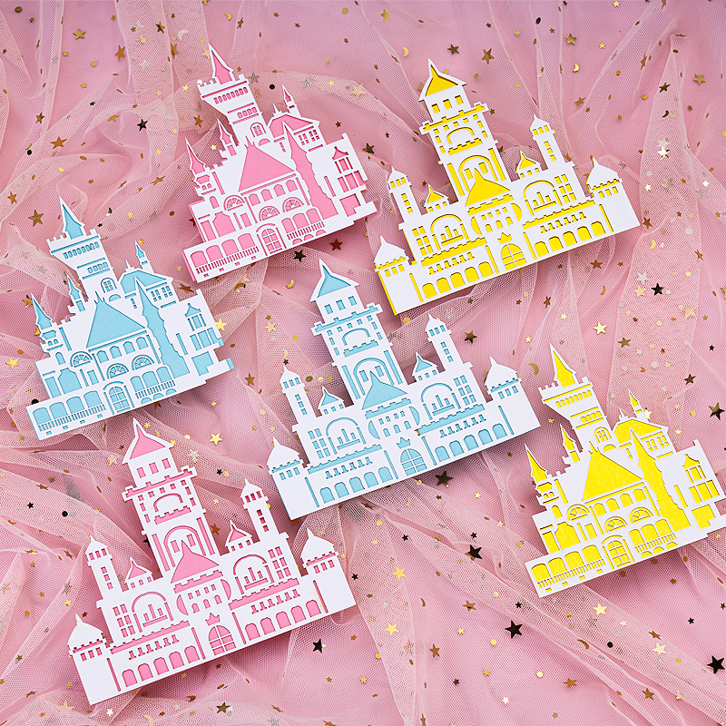 蛋糕装饰立体多层卡通童话 城堡粉色蓝色金色气氛布置插牌插件