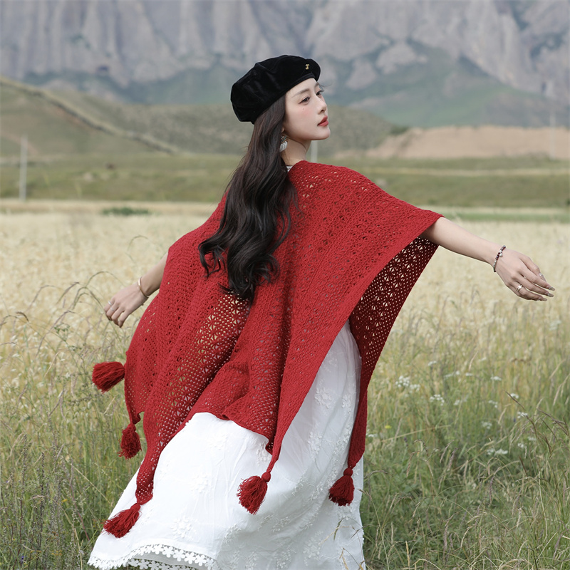 民族风针织披肩女外搭酒红色保暖新疆西藏大西北草原沙漠旅游穿搭