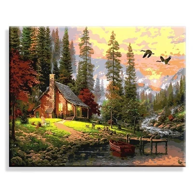 新品数字油画手绘欧式小屋别墅森林山水风景客厅卧室装饰画