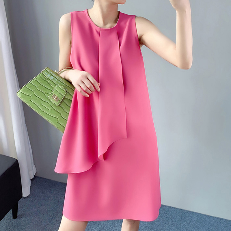 粉红色夏季通勤无袖宽松显瘦a字荷叶边裙很仙的法国小众连衣裙女