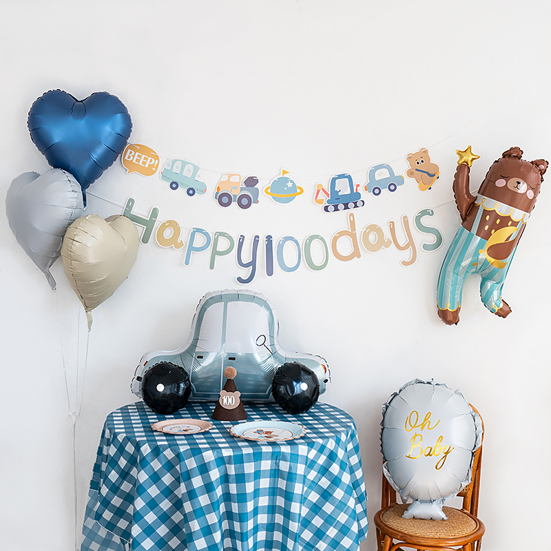 生日布置男宝宝蓝色系小汽车主题儿童百天满月场景装饰气球背景墙