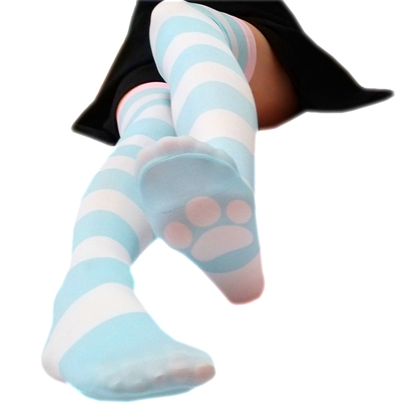 原创蓝白条纹猫爪袜子丝袜肉垫印花过膝袜二次元cos动漫少女 加长