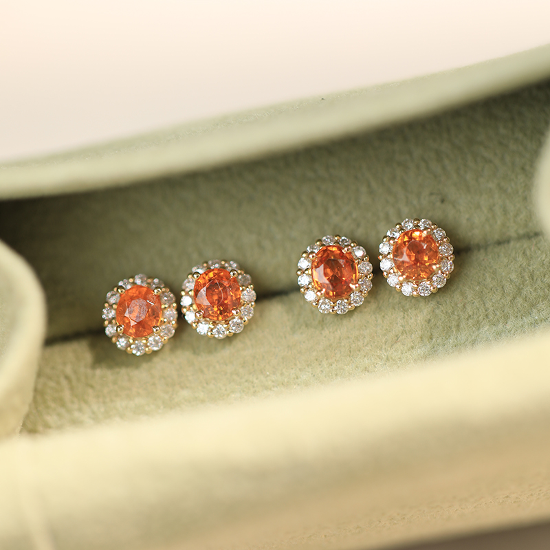 18k金天然芬达石耳钉天然钻石镶嵌椭圆鲜橙色复古暖阳色围钻耳钉