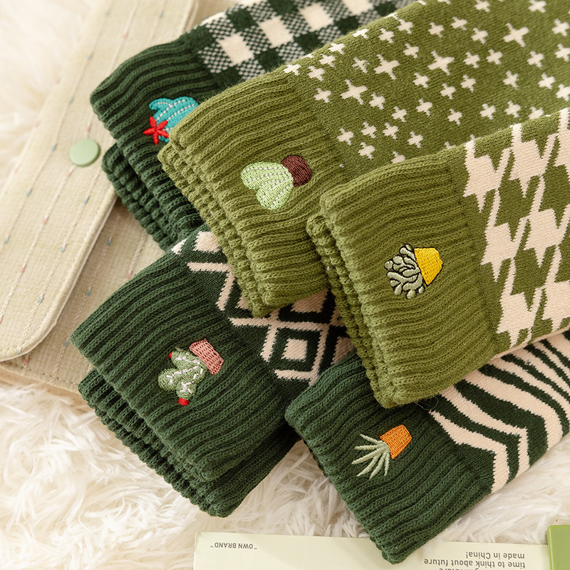 2双装 绿色系加绒加厚刺绣植物毛圈毛巾底运动风保暖