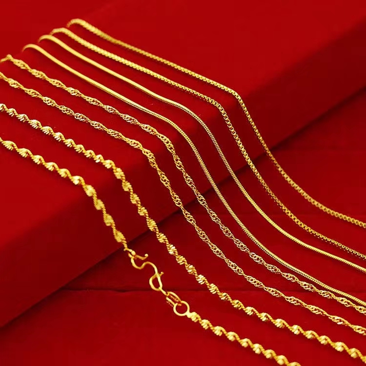越南沙金项链女999镀黄金色素链子锁骨珠珠四叶草毛水波纹盒子链.