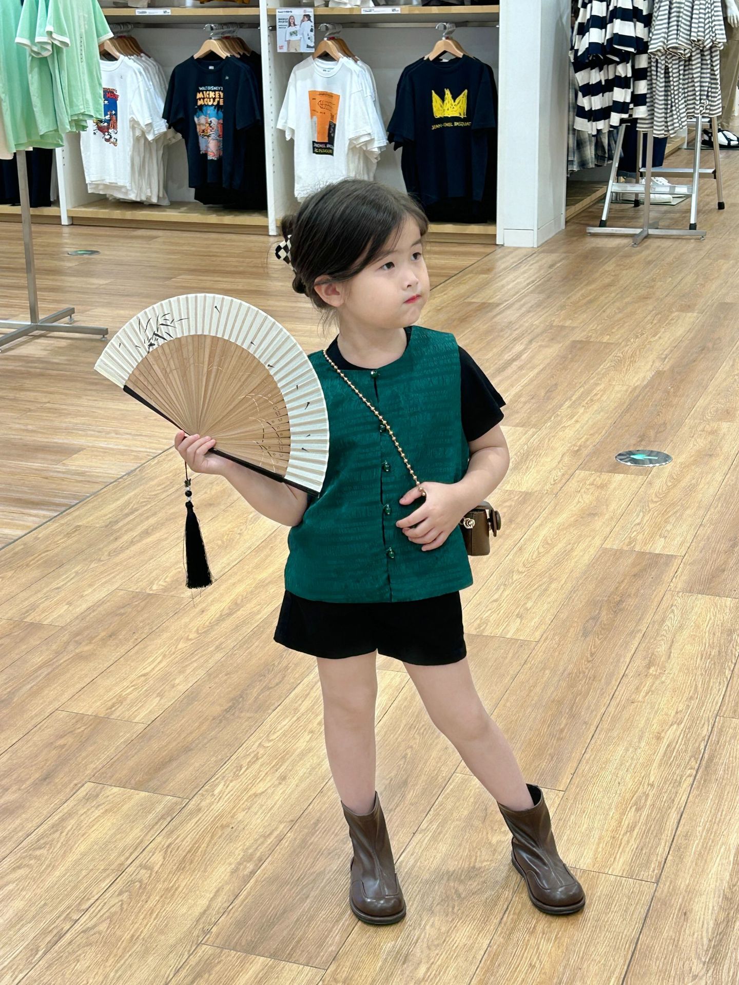 夏季新款女童新中式绿色休闲中国风2024童装复古改良马甲黑色短裤