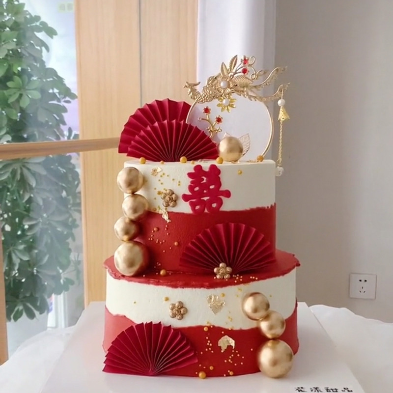 凤凰于飞双层蛋糕装饰插件中式订婚结婚双喜贴牌红折扇甜品台装扮