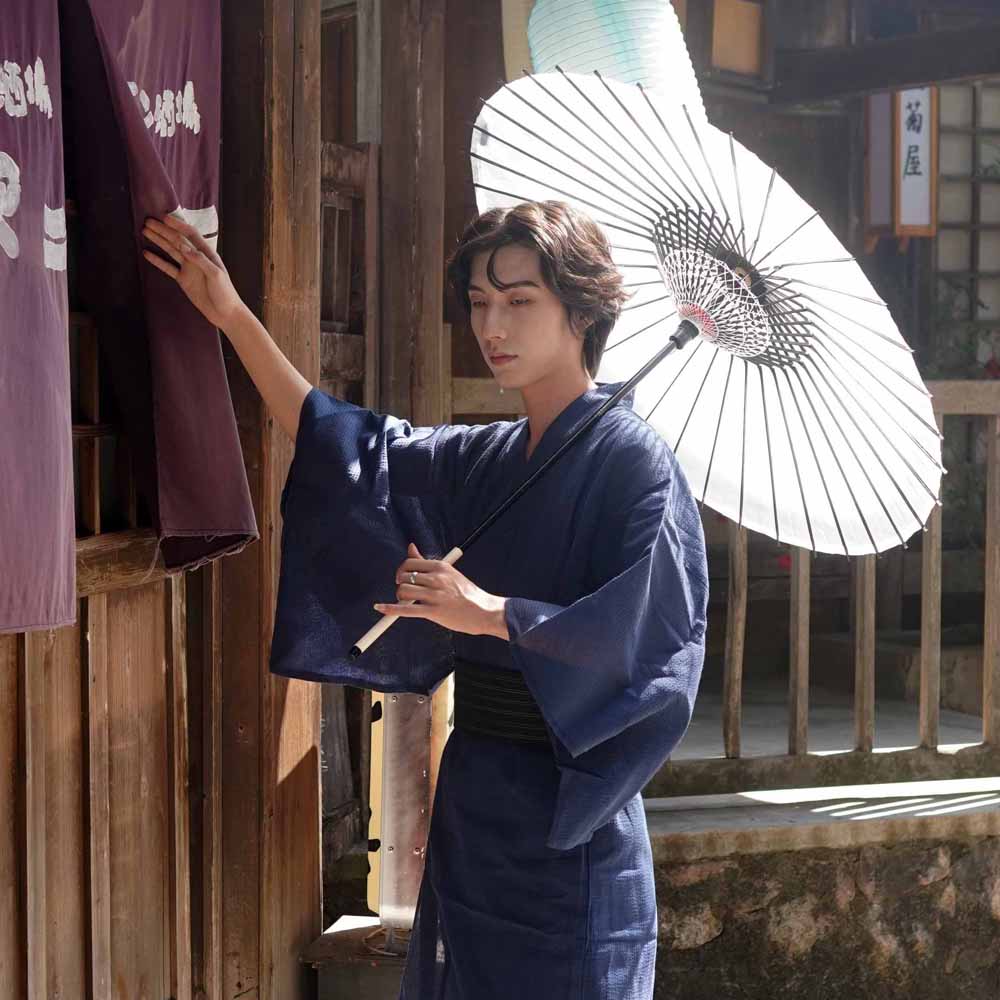男款日本简约风格深蓝色传统型和服浴袍武士长袍日式浴衣古典漫展