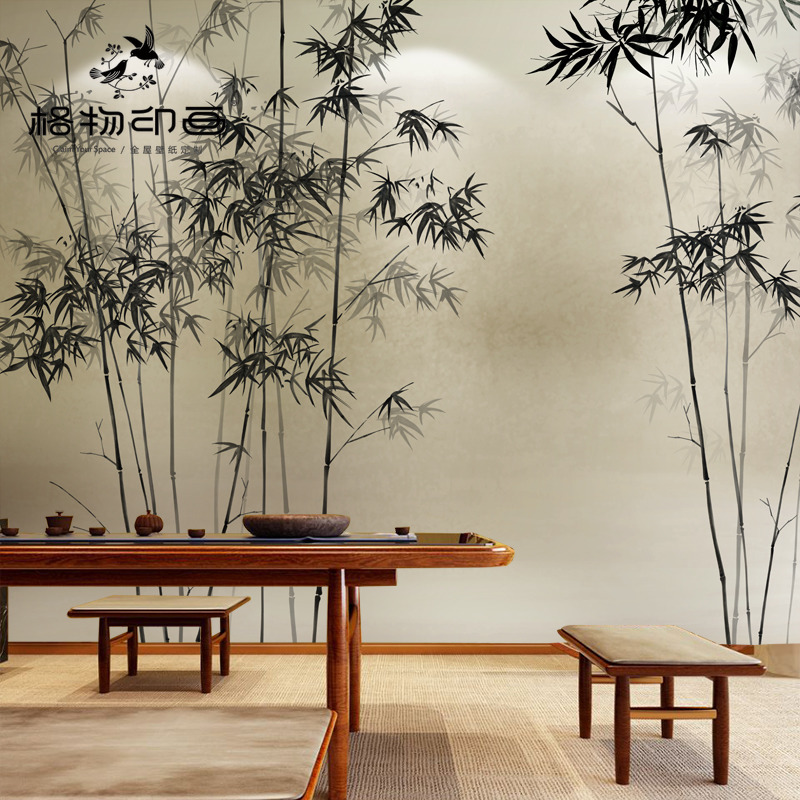 现代中式水墨竹林壁纸古风意境壁布电视沙发背景墙纸来图定制壁画