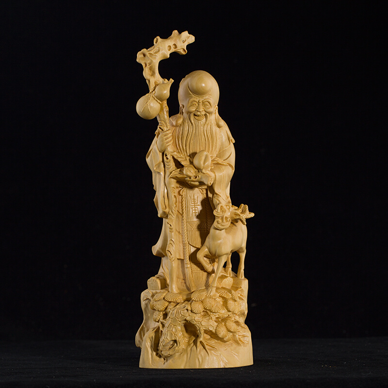 黄杨木雕仙翁神像中式家居装饰送礼雕刻工艺品摆件老寿星寿桃