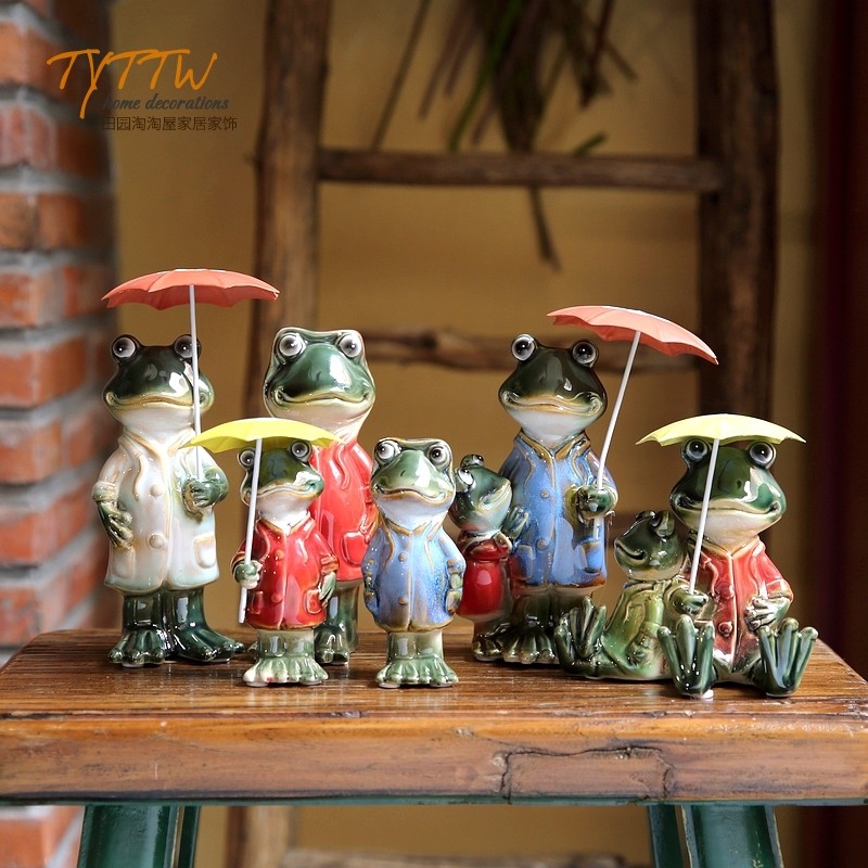 推荐美式乡村 一家四口青蛙可爱造型撑伞青蛙摆件  花园摆件儿童
