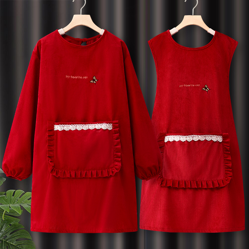 灯芯绒罩衣大人女士新款秋冬网红围裙厨房家用长袖餐饮专用工作服