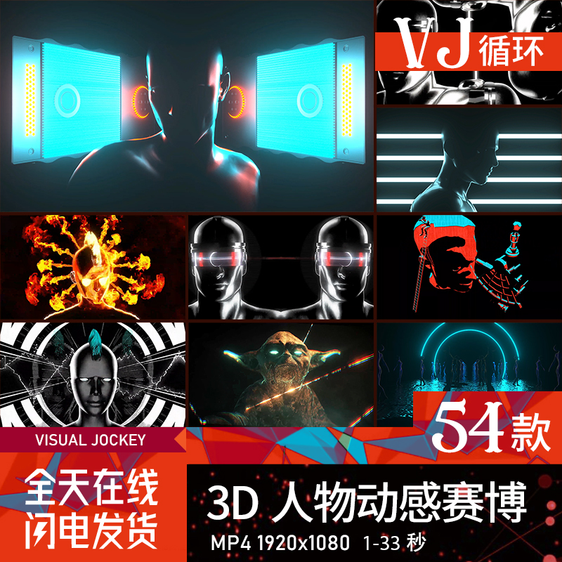 3D人物动感节奏赛博朋克人像卡通夜店酒吧LED屏幕背景VJ视频素材