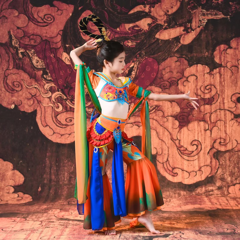 《反弹琵琶》敦煌女子群舞舞蹈服儿童古典民族舞丝绸之路演出服装