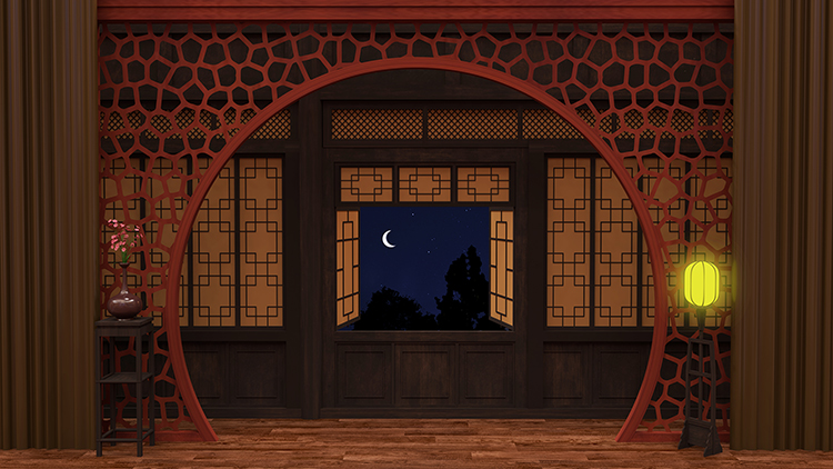 古代古典中式屏风夜色月亮木地板拱门宫灯盆栽戏曲高清LED大屏图