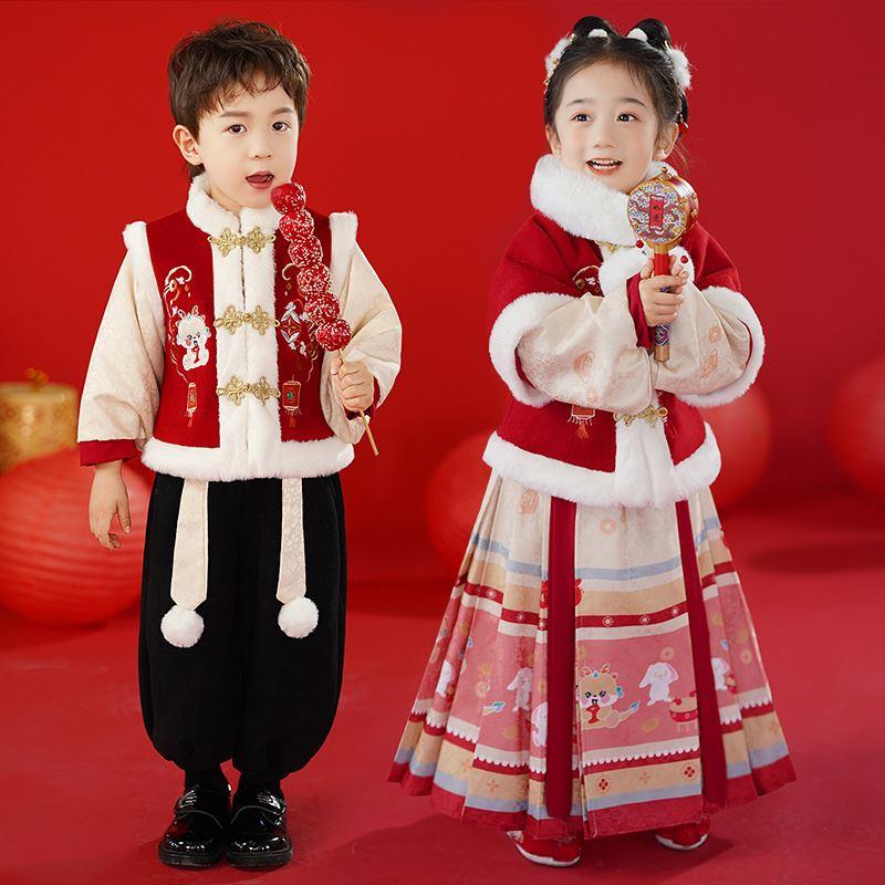 男童汉服中国风喜庆冬季女童拜年服加厚儿童唐装套装宝宝周岁礼服