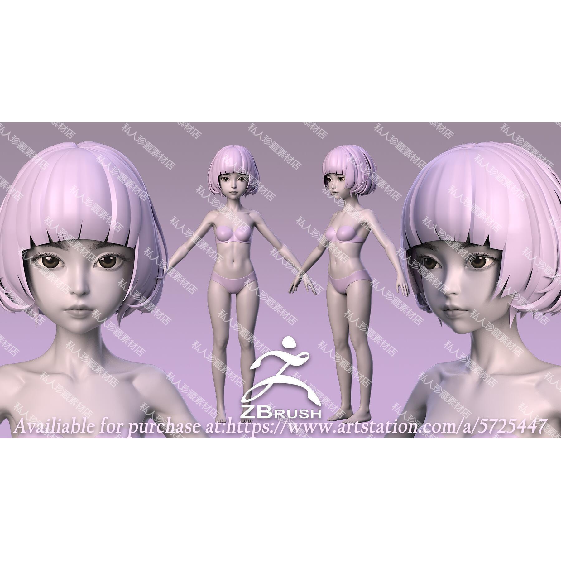 zbrush可爱萝莉基础细分模型女孩解剖学人类卡通素模小孩3d模型