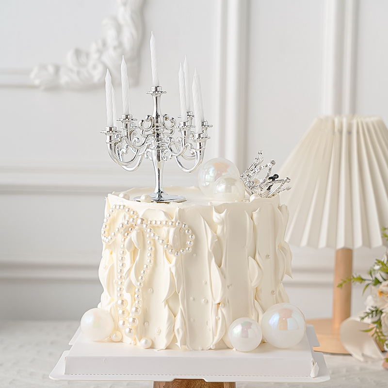 女神生日蛋糕装饰品复古欧式烛台摆件珍珠皇冠珍珠蝴蝶结蜡烛插件