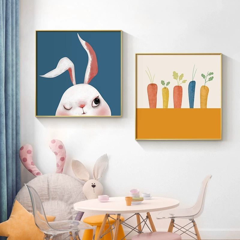 北欧风儿童房装饰画可爱卡通动物兔子胡萝卜挂画艺术学校墙上壁画