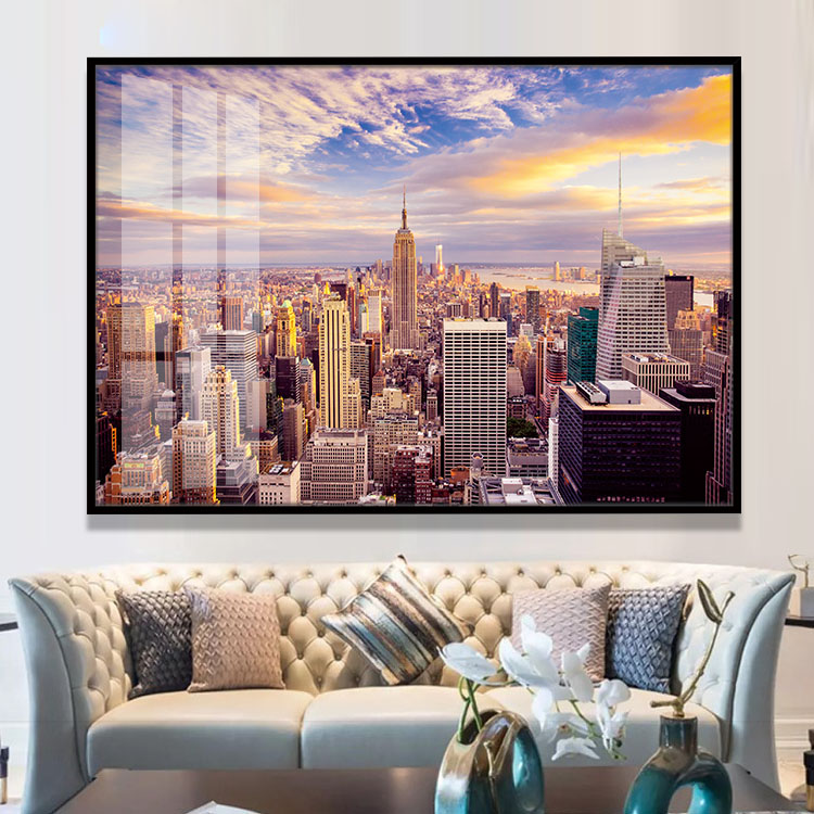 美国纽约高楼装饰画曼哈顿帝国大厦风景晶瓷画银行贵宾室沙发挂画