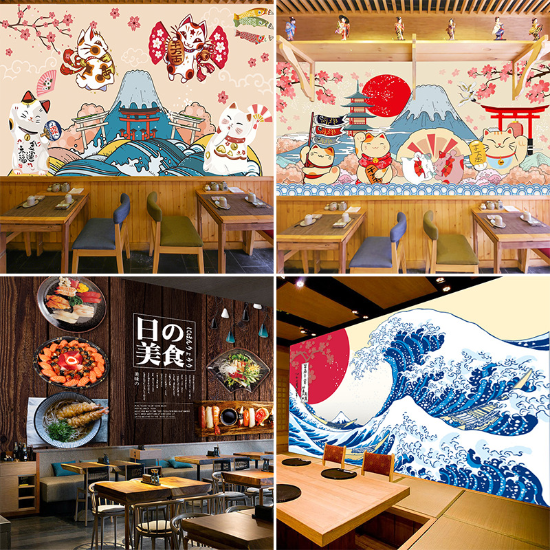 日本料理餐厅寿司店背景墙壁纸卡通日式招财猫墙纸复古3d木纹壁画
