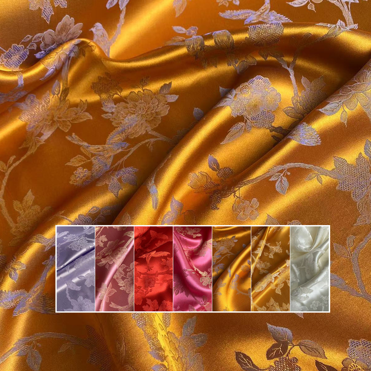 真丝提花缎蜂鸟图交织真丝橘红金黄多色入新中式旗袍汉服面料布料