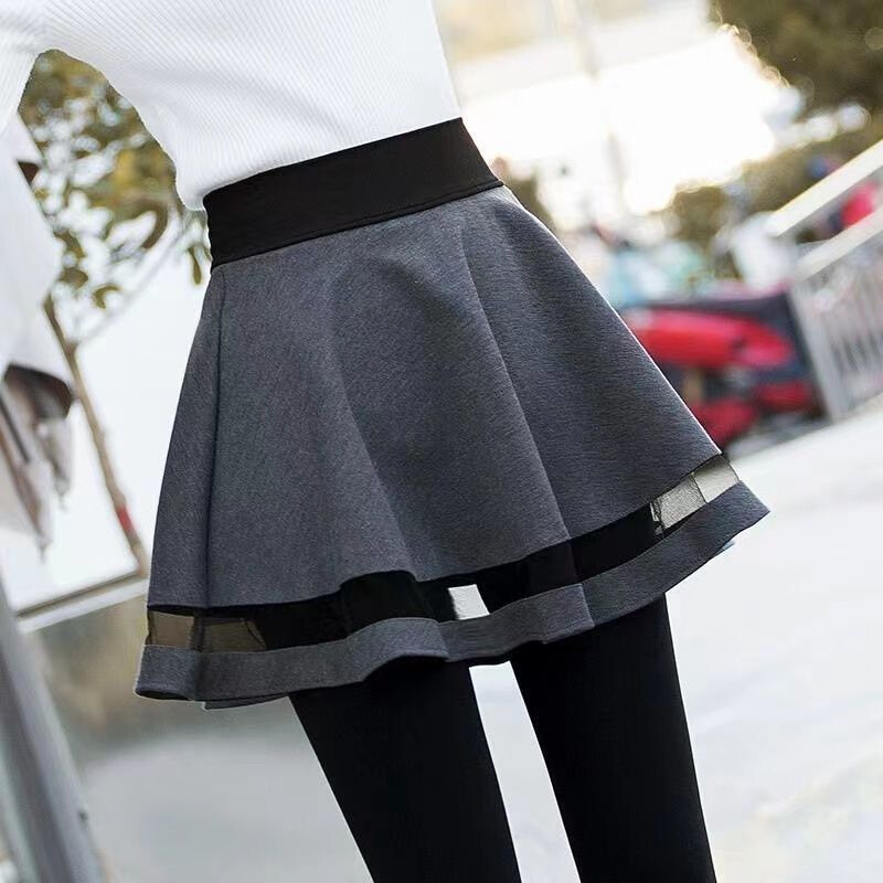 新款假两件打底裤女外穿秋冬季高腰加绒学生韩版显瘦紧身黑色裙裤