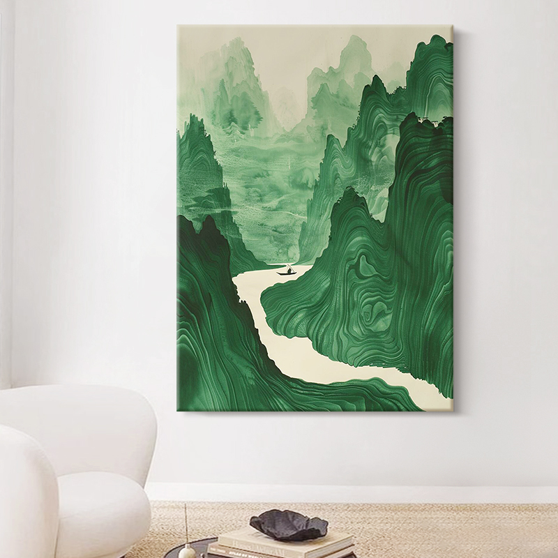 新中式山水墨绿色纹理手绘油画客厅一叶扁舟装饰壁画玄关风景挂画