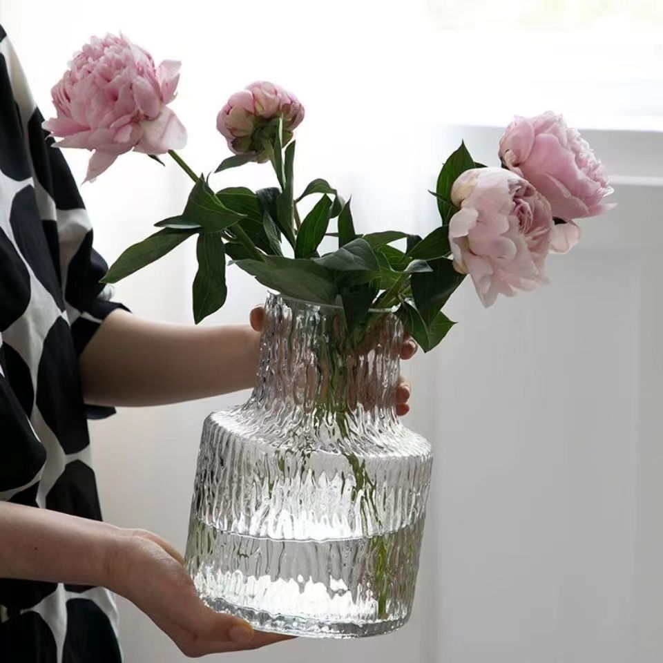 欧式冰川纹ins风透明玻璃花瓶水培百合玫瑰干花鲜花水养桌面摆件