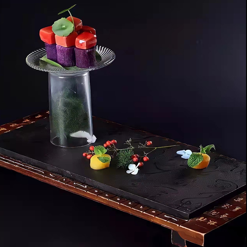 中式长方乌金石板平盘特色酒店用装牛肋骨意境菜创意厨师比赛餐具