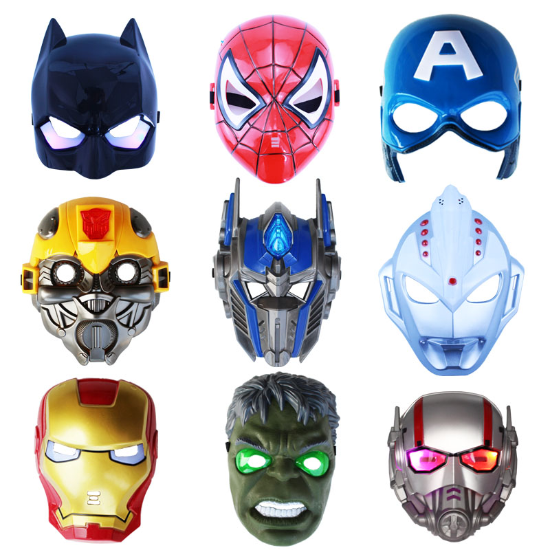儿童发光面具卡通蜘蛛侠蝙蝠钢铁侠美国队长成人半脸面具男孩玩具