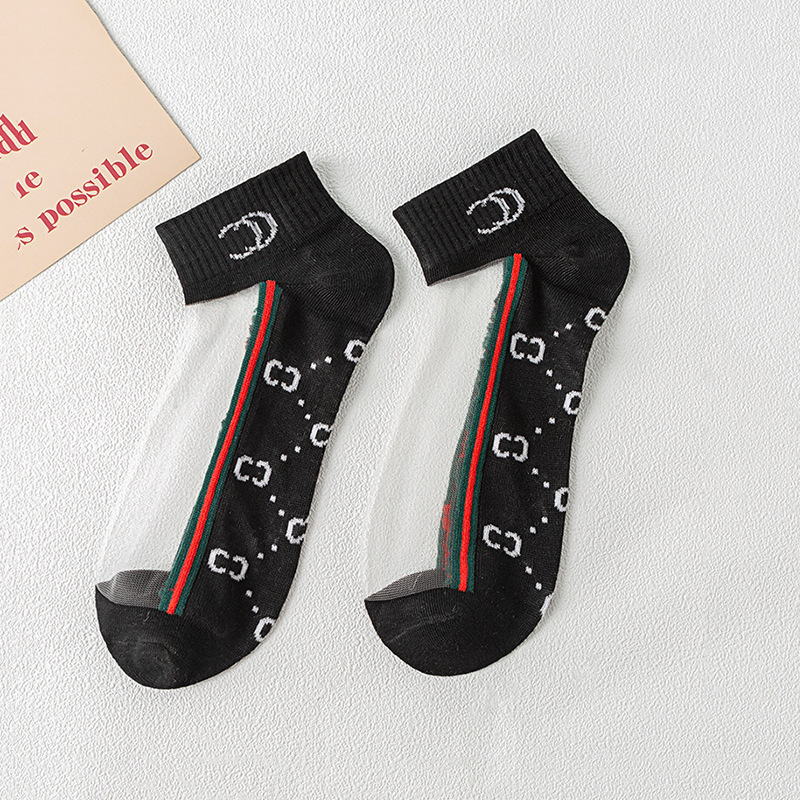 袜子女短袜夏季薄款透气水晶袜透明玻璃丝可爱日系新品字母冰丝袜