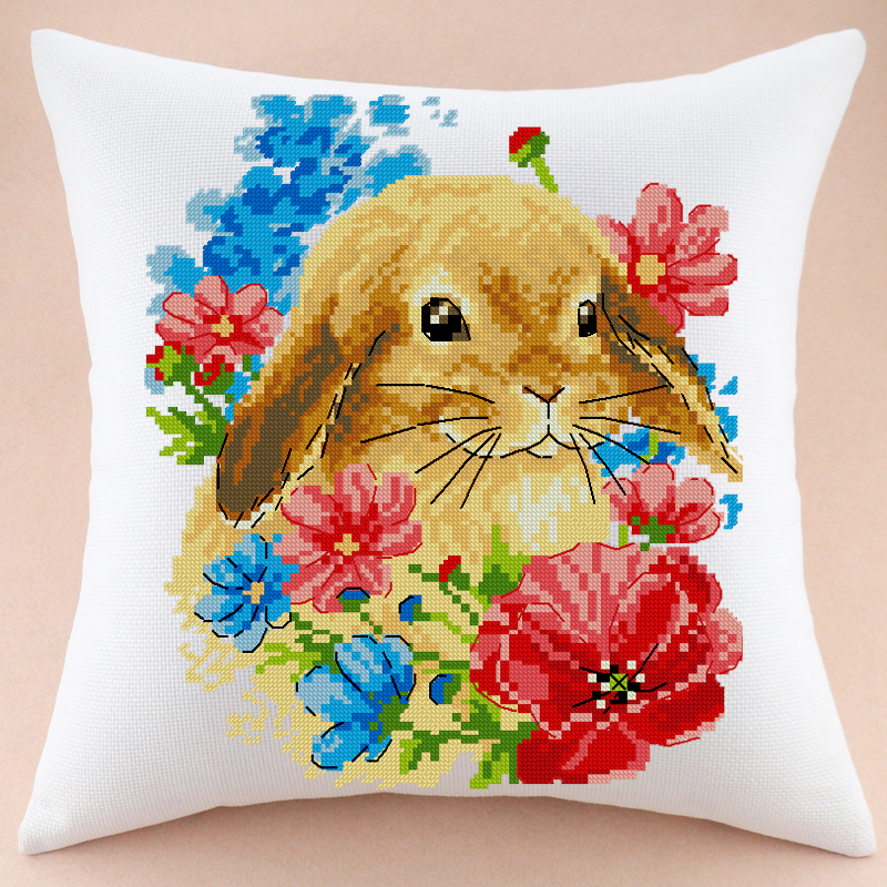 大气风十字绣抱枕十二生肖属相花丛中的兔子卡通汽车靠垫自己绣